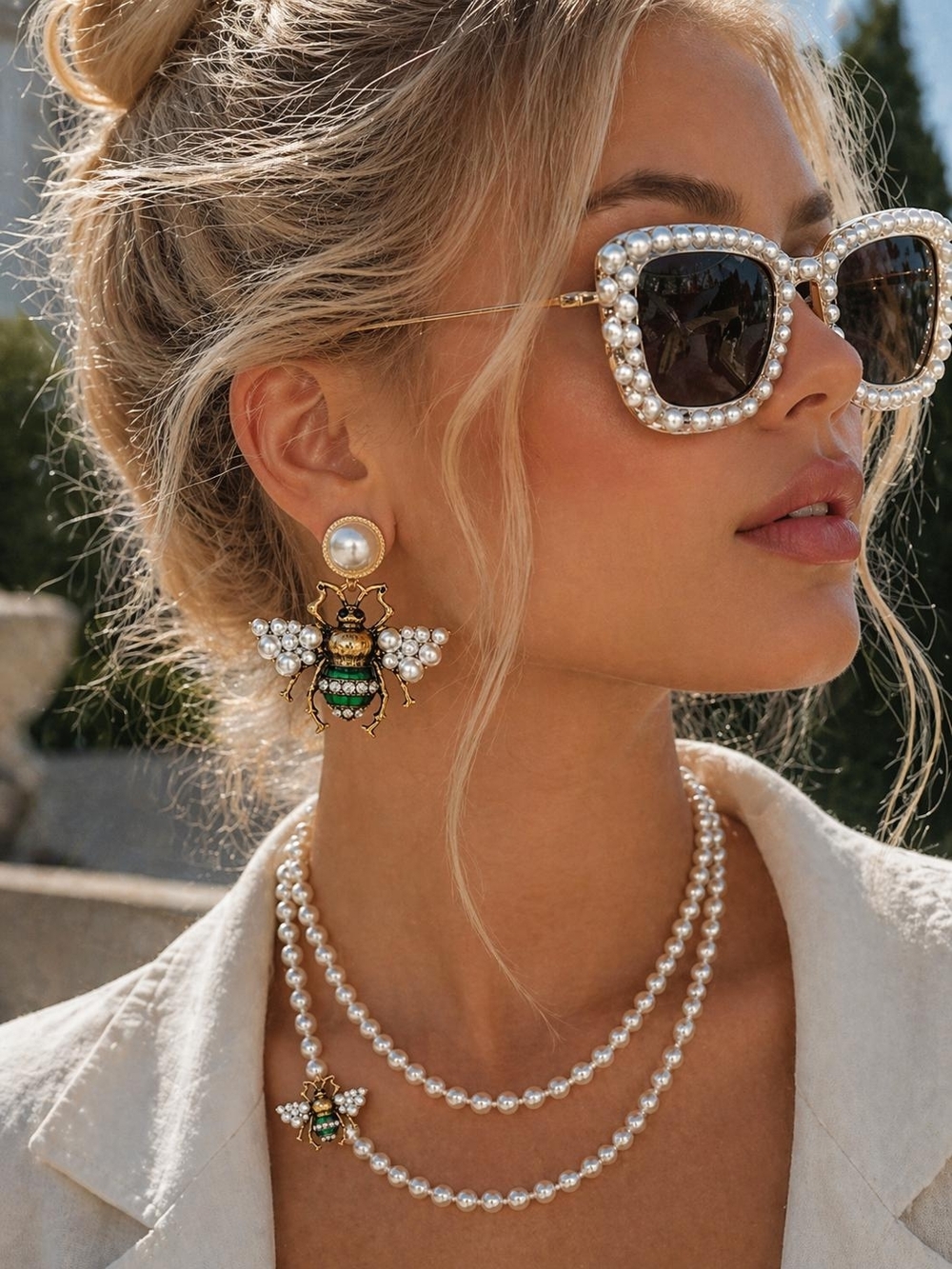 Gold Bee Earrings with Green Enamel and White Pearls - Picture 3 of 5
